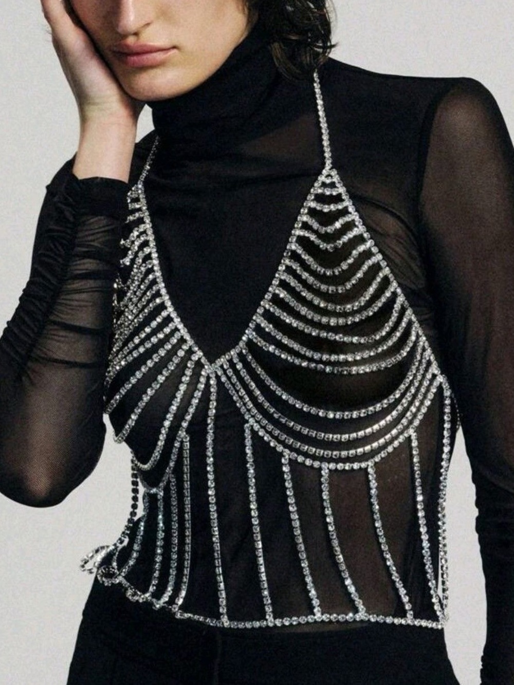 Stunning Gold Rhinestone Body Chain Crop Top Bra